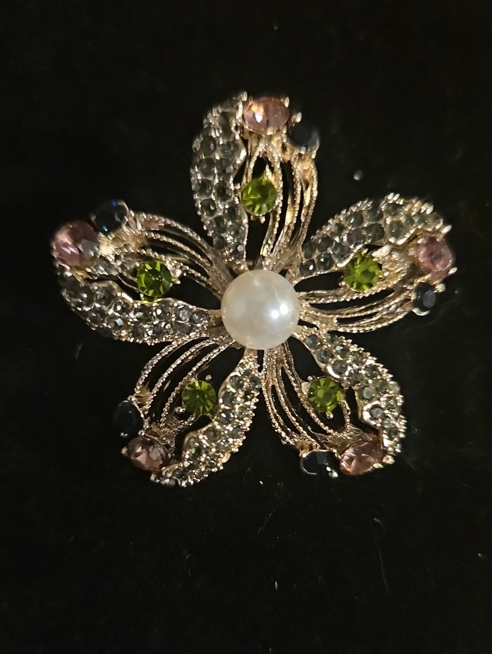 Pearl-Center Floral Brooch with Green and Pink Crystals